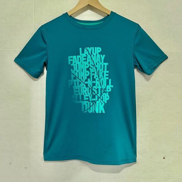All In Motion Boys Top Teal Colored With Basketball Terms Sz L (12/14) - Picture 1 of 3